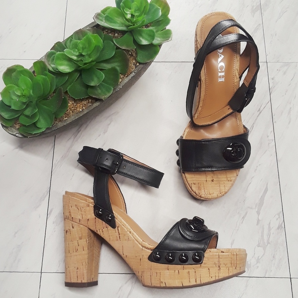 Coach Black Leather Cork Platform Sandals